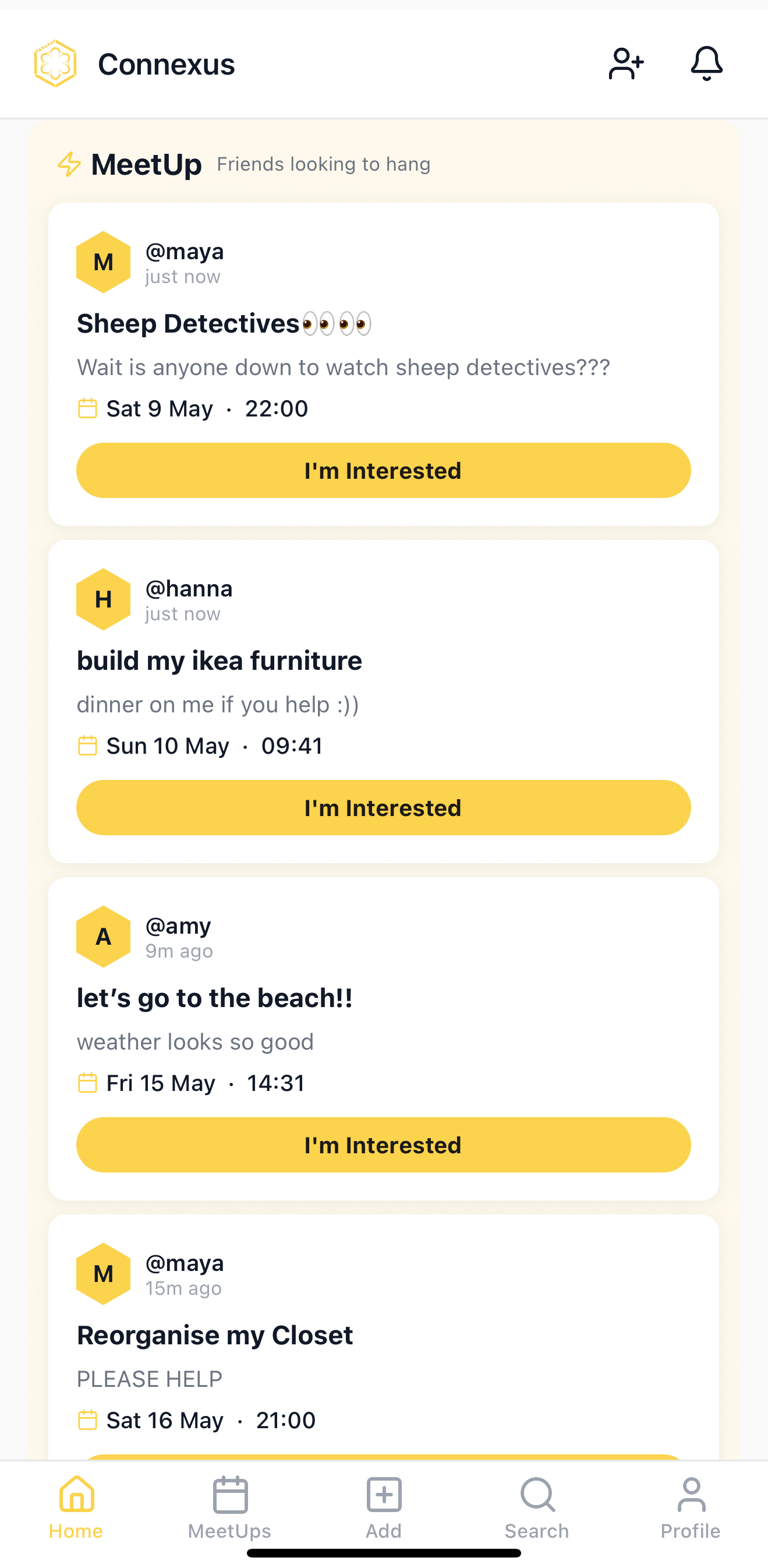 Connexus app — post a meetup broadcast to schedule with multiple friends at once