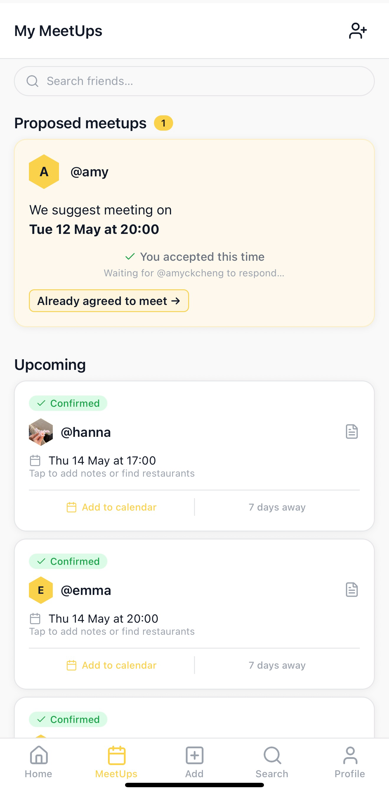 Connexus home screen — upcoming meetups and Who's Free